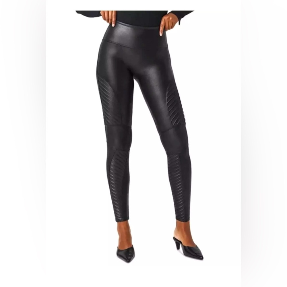 Spanx Womens Leggings Size L Faux Leather Moto Black